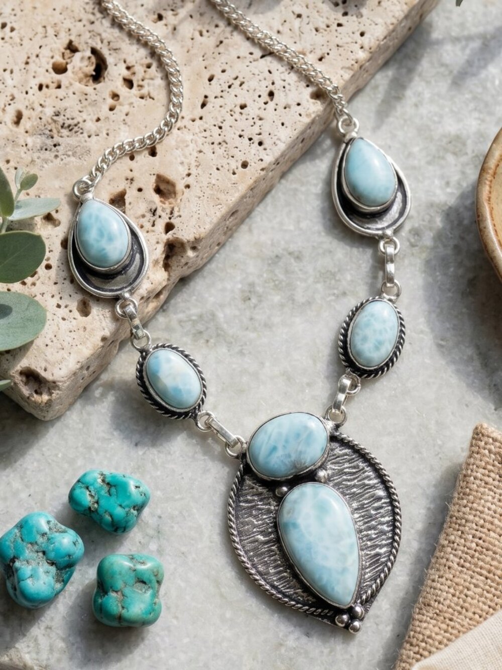 925 Sterling Silver Genuine Larimar Necklace Bohemian 6-Stone Statement 19"